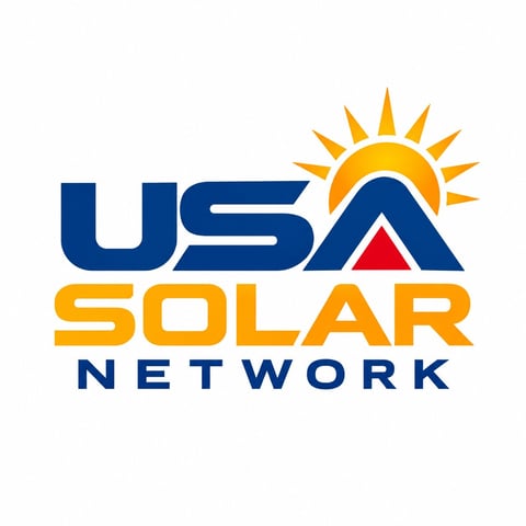 USA Solar Network logo with blue USA lettering, yellow SOLAR text, and a sun rising over a red triangle peak above the word NETWORK